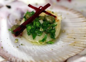 BACKGROUND SEARED SCALLOP WITH SALSA VERDE