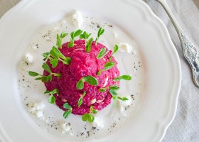Meatless Monday Beetroot and Pine Nut Risotto with Chevre Dressing